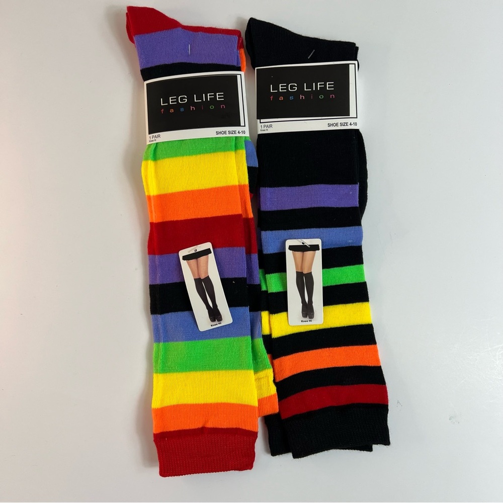 Rainbow Knee High Socks Bundle of 2 Pairs Halloween Pride Colorful Whimsical NEW